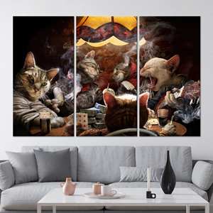 Arte impreso en lienzo: Gatos jugando al póquer - Decoración humorística, juego de 3 lienzos - Product Image 1