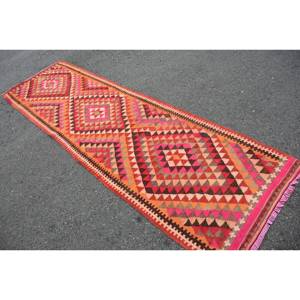 Alfombra Kilim turca clásica 3X10.2ft Rosa Naranja Patchwork Diseño Lana Viscosa Tejido plano Látex Jacquard Rectángulo Pasillo - Product Image 4