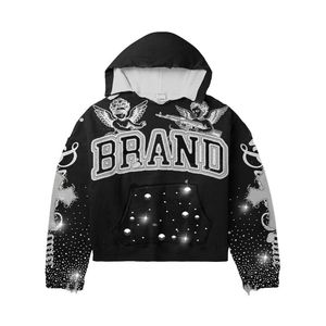 Sweat à capuche brodé personnalisé Rhinestone pour hommes 100% coton écologique et lourd - Product Image 4