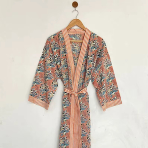 Cotton Kimono Robe Dressing Gown Block Print <b>Bridesmaid</b> Robe Summer Nightwear <b>Dress</b> One Size - Product Image 1