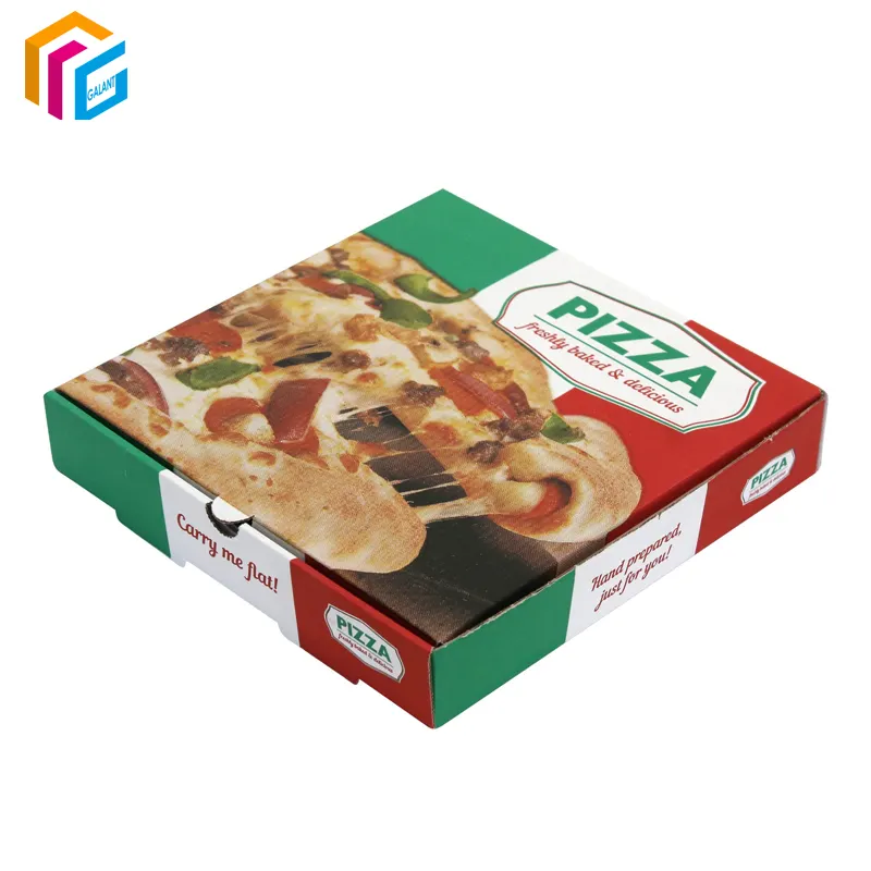 Kotak Kertas Makanan Sekali Pakai Wadah Pembungkus Pizza Cetakan Desain Warna Depan Lipat Kustom
