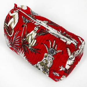 Ensemble étui en coton matelassé fait à la main Vintage écologique Durable résistant à l'eau grand imprimé rouge tropical fermeture éclair maquillage de voyage - Product Image 5