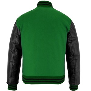 OEM High Street Hombres Verde Fleece Negro Mangas de cuero Letterman Varsity Jacket Hot Custom-Made Stand Precio al por mayor de invierno - Product Image 2