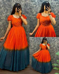 Robe maxi évasée pour femmes en coton premium Unity Luxure, teinte dégradée, avec broderie à la main et manches bouffantes - Product Image 2