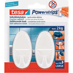 Deko Powerstrips Grands crochets muraux 2 crochets/4 bandes TESA ovales blancs en plastique détachable 70x37mm Porte-manteau - Product Image 3