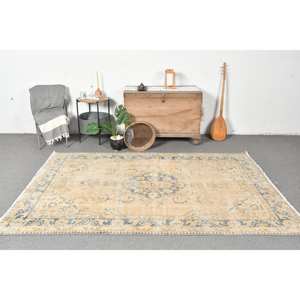 Tapis en laine bleu beige classique 5.2x8 pieds Design patchwork turc fait à la main pour salon ou chambre à coucher pour adolescents - Product Image 1