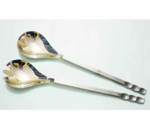 Juego de servidor de ensalada de acero con mango tejido Cubiertos Cuchara de ensalada hecha a mano y tenedor de ensalada Herramientas de cocina de mango largo de acero - Product Image 4