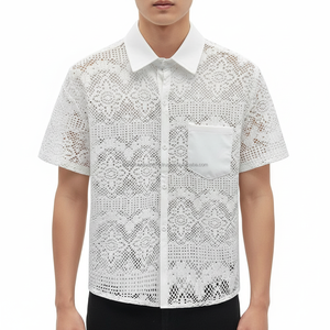Camisa de Playa Casual de Verano con Diseño de Crochet, Estilo de Malla Transparente con Bordado, Camisa de Botones para Hombre - Product Image 2