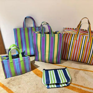 Bolsa de cosméticos de Playa Grande impermeable reciclada de telar manual de moda ecológica personalizada reutilizable con Cremallera de nailon tejido a rayas - Product Image 1