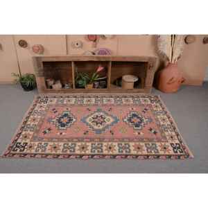 พรมตุรกีวินเทจคลาสสิกสีชมพูสีฟ้า4.1 x 6.4ft พื้นที่ขนาดใหญ่ผ้าขนสัตว์ด้านหลังรูปแบบนามธรรมสำหรับวัยรุ่นสี่เหลี่ยมผืนผ้าห้องโถง - Product Image 4