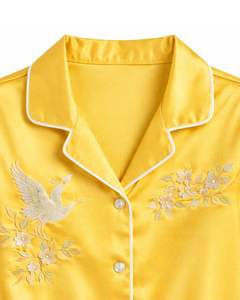Manufacturer Women Yellow Embroidered Satin Silk <b>Pajama</b> Set Button Down Long Sleeve Sleepwear Luxury Soft Shiny Loungewear - Product Image 5