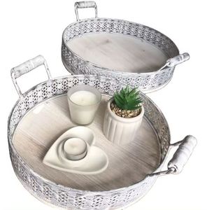 Meilleures ventes Plateau de rangement et plateau de service de forme ronde en métal et bois vieilli avec poignée en bois pour la décoration de mariage - Product Image 1