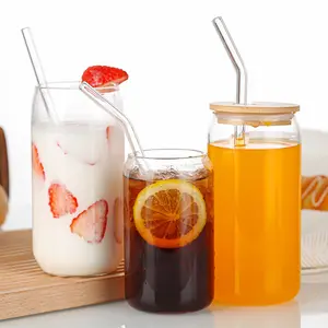 Botella de vidrio personalizable con tapa de bambú y pajita, recipiente de vidrio para café, zumo de frutas, resistente al calor y al frío