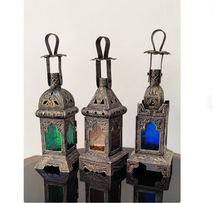 Vintage Embossed Moroccan Nickel <b>Silver</b> Handmade <b>Lantern</b> Colored Glass Handmade Coustmized Moroccan <b>Lantern</b> - Product Image 1