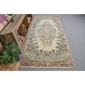 Alfombra de lana turca vintage de 3,8x8,5 pies, tejido plano de retazos beige y azul para decoraciones de sala de estar con respaldo de látex - Product Image 1