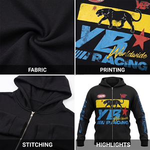 Sweat-shirt décontracté pour homme Young Blood Racing, à fermeture éclair sur le devant, imprimé, en polyester noir, avec logo panthère et manches bleues - Product Image 5