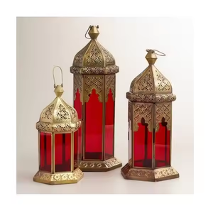Accessoires de décoration de maison de luxe Lanternes en fer doré pour mariage Lot de 3 Lanternes décoratives avec verre rouge Moderne par décor impex - Product Image 1