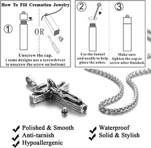 Crucifix stainless Urn Necklace for <b>Ashes</b> Stainless Steel Jewelry Memorial <b>Keepsake</b> Urn Lockets Pendant Men Women Custom Size - Product Image 3