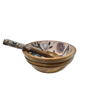 Bol en bois rond émail imprimé bleu 4 pièces bol vaisselle ménage vaisselle saladier - Product Image 3