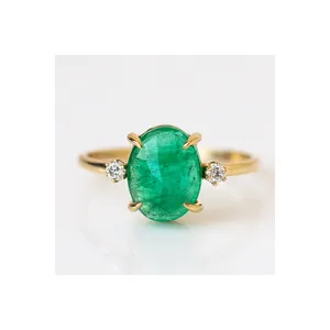 18k黄金结婚戒指女祖母绿优雅新设计纯金精品珠宝戒指配真钻石戒指
