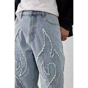 Jeans décontractés personnalisés pour hommes, en denim, avec strass, coupe ajustée, style baggy, streetwear hip-hop, effet délavé, logo personnalisé - Product Image 6