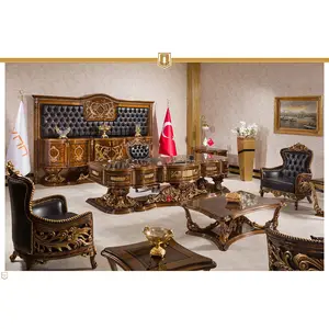 Classical Hand Made Royal Office Furniture Luxury President Manager Desk Solid Wood Turkish Brown Leather Gold Premium Best Sell