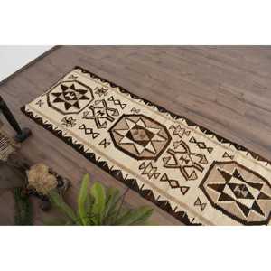 Vintage Turkish Kilim Runner Rug 2.2x7.9 ft, <b>Brown</b> Check Rug <b>Wool</b> - Product Image 5