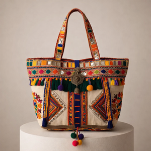 Sac de courses brodé à la main, héritage artisanal, style bohème chic pour les vacances d'été, rehaussez votre garde-robe - Product Image 1