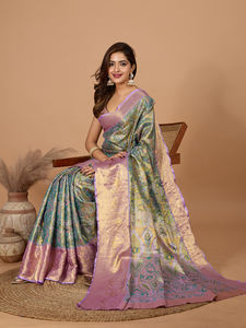 Presentación transpirable 100% acrílico KANJIVARAM Sarees Semi Silk Jari Weaved Rich Pallu para todos los colores para grandes bodas indias - Product Image 2