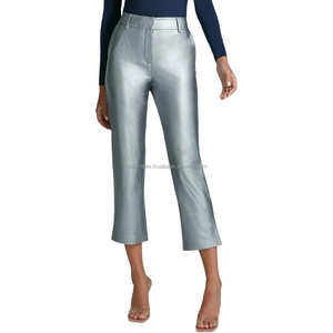 Pantalon élégant en similicuir argenté pour femmes, taille haute, coupe ajustée avec jambes fuselées, parfait pour le bureau et les vêtements décontractés - Product Image 1
