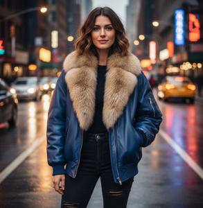 Veste en cuir matelassée coupe-vent à carreaux pour femmes avec fermeture éclair et col en fourrure de renard Veste bomber d'hiver - Product Image 1