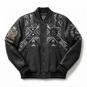 Chaqueta Bomber Varsity de Materiales Mixtos, Personalizada, Original, Cuerpo de Lana, Mangas de Cuero Sintético, Puños Acanalados, Estilo Urbano, Invierno - Product Image 1