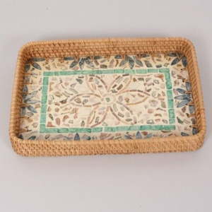 Elegant Floral Rattan Serving Tray Handcrafted <b>Mother</b> Pearl Inlay Eco-Friendly Woven Shell Decorative Tray for Catering Coastal - Product Image 4