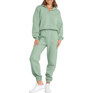 Ensemble sweat-shirt et jogging pour femmes, 1/4 de fermeture éclair, molleton, deux pièces, survêtement, tenue de détente athlétique surdimensionnée - Product Image 1