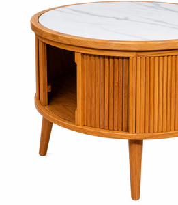Scandinavian Round Coffee <b>Table</b> with Marble <b>Top</b>, <b>Solid</b> Ash <b>Wood</b> Tambour Storage Design for Living Room - Product Image 4