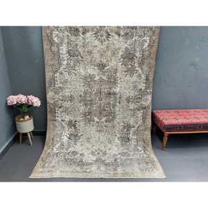 5.1x8.1 ft Large Vintage Turkish Rug, <b>Brown</b> Floral <b>Wool</b> Rug - Product Image 1