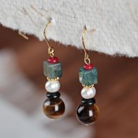 Boucles d'oreilles pendantes œil de tigre personnalisées style bohème, production rapide, en acier inoxydable, pierre naturelle, perles de culture d'eau douce, bijoux pour magasin de détail