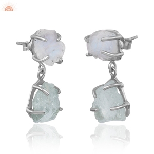 ต่างหูเงินแท้ 925 ประดับพลอยอะความารีนธรรมชาติและมูนสโตนสีรุ้ง สำหรับผู้หญิง - Product Image 3