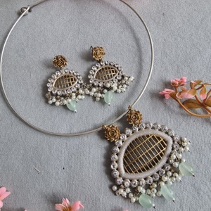 Lujo nuevo Styli gargantilla conjunto con perla resplandor Polki con colgante gargantilla collar pendientes latón boda joyería para mujer - Product Image 4