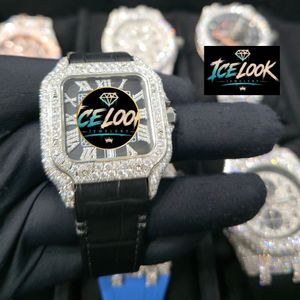 ICE LOOK JEWELERY นาฬิกาควอทซ์คริสตัลแซฟไฟร์ประดับเพชรทรงสี่เหลี่ยมสำหรับผู้ชาย 20 มม. หนังสีดำ 38 มม. แสดงวันที่แบบอนาล็อก - Product Image 4