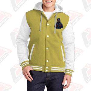 Men's Stylish Warm Varsity Jacket with Hood 100% Cotton Fleece Embroidered Technics Digital Printing Plain Dyed for Winter - Product Image 2