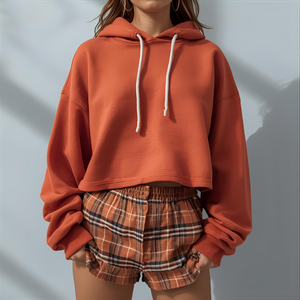 เสื้อสเวตเชิ้ตผ้าฟลีซแบบสั้นมีฮู้ดโอเวอร์ไซส์ผ้าคอตตอนแฟชั่นทรงหลวมใส่สบายมีตัวเลือก - Product Image 2