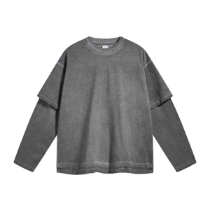 T-shirt pour homme en coton 100%, surdimensionné, streetwear, lourd, respirant, en toile, avec logo imprimé à l'écran, double couche, manches longues, col rond - Product Image 6