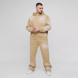 Trendy Wholesale Custom Logo <b>Tall</b> Oversized Distressed Tracksuit For <b>Men</b> Official Applique Spray Wash Hooded Hoodie & <b>Jogger</b> Set - Product Image 1