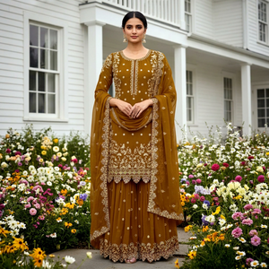 Conjunto Sharara de Georgette con Bordado Intenso, Kurti Tradicional Indio Pakistaní para Mujer, Dupatta, Traje para Bodas y Fiestas - Product Image 1