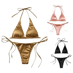 Biquíni feminino com logotipo personalizado por atacado, duas peças, lingerie brilhante para mulheres, sutiã para praia, roupa de praia sexy