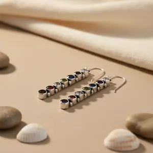 Boucles d'oreilles pendantes en argent 925 avec pierres précieuses colorées pour la mode féminine - Product Image 2