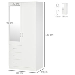 HOMCOM-Armario moderno de 2 puertas con espejo y 3 cajones, estantes ajustables y barra colgante, 80x50x180cm, color blanco - Product Image 3