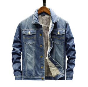 Chaqueta vaquera elástica larga hecha a medida para hombre, chaqueta vaquera lisa de invierno azul de algodón para hombre de talla grande - Product Image 4