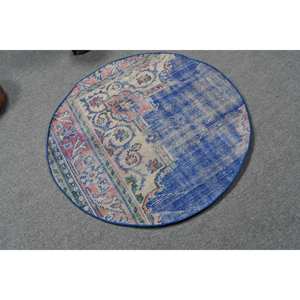 Tapis Vintage Turc Classique Bleu 3,4 pieds en Laine Patchwork Plat Tissage Design pour Décorations de Salon avec Support en Latex - Product Image 2